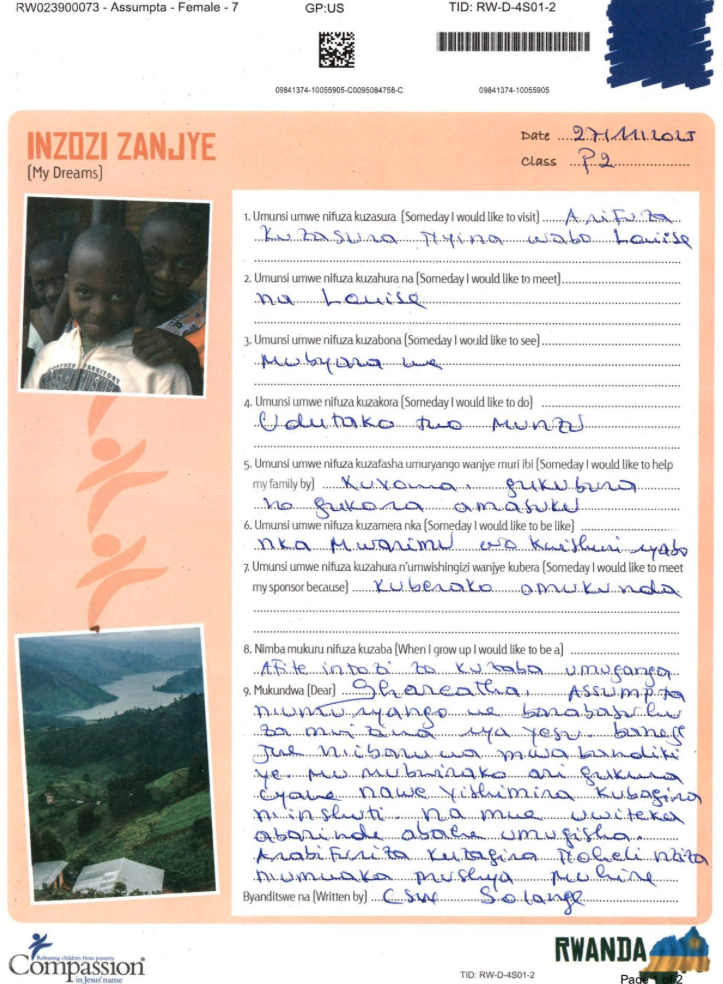 Handwritten letter from Assumpta's family in Rwanda