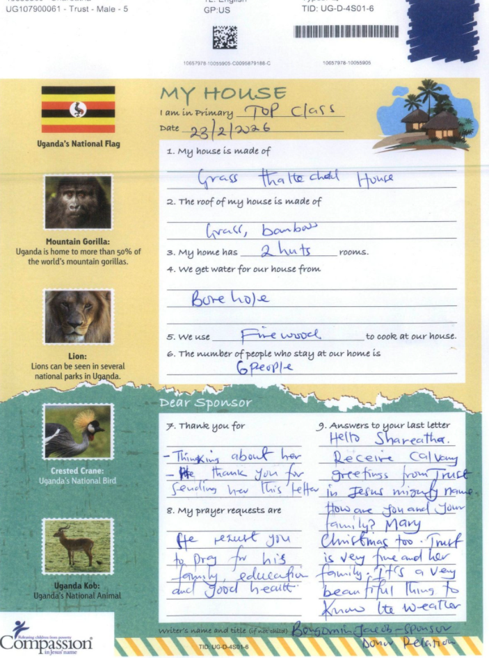 Handwritten letter from Trust in Uganda